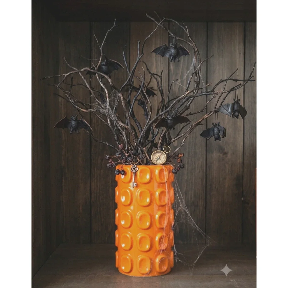 Retro Orange Bubble Studded Ceramic Vase 11” Pop Art Summerween Fall Halloween